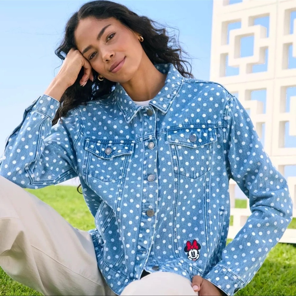 Disney Light Blue Polka Dot Denim Jacket with Minnie’s Red Bow Patch - Picture 2 of 8